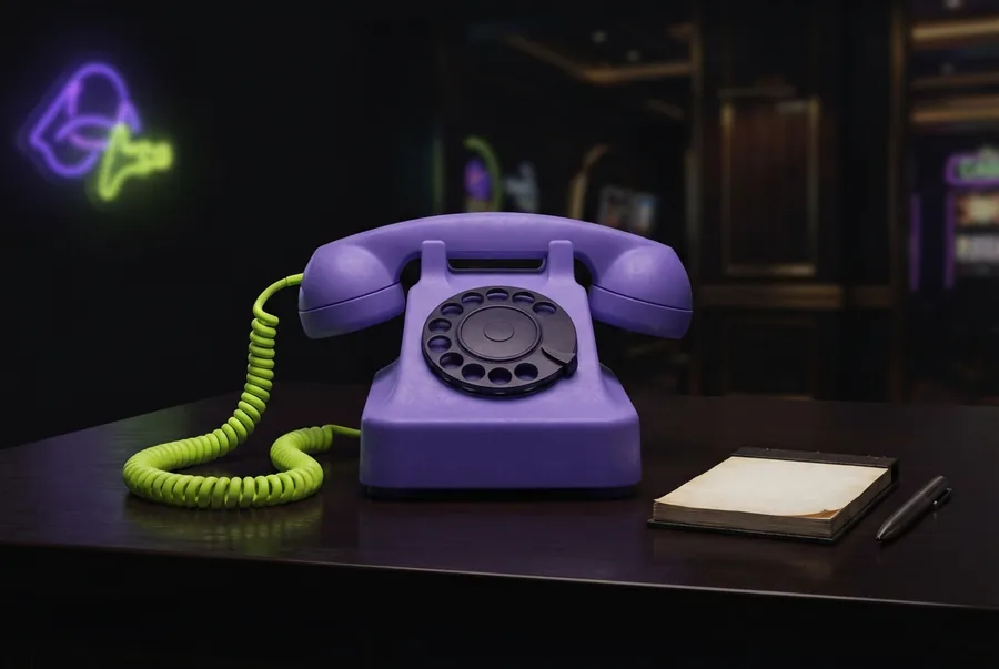 Illustration: Retro-Telefon in Violett mit limettengrünem Kabel — der Support im Test