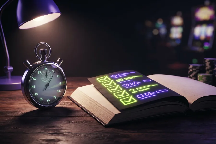 Illustration: Stoppuhr und Notizbuch mit Checkliste — so testet die Redaktion